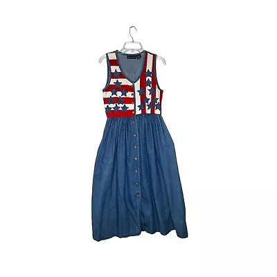 Eagle's Eye Denim Jumper Dress Size SMALL Patriotic Stars Stripes Red White Blue • $29.99