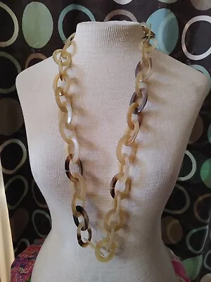 Vintage Necklace Large Carved Interlocking Links Chain  Blonde  Buffalo Ox Horn • $49.99