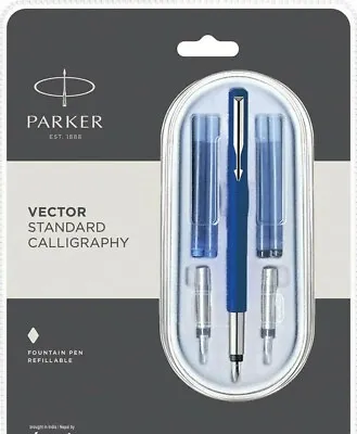 £11.99 • Buy  Parker Vector Standard Blue Calligraphy Fountain Pen Set,3 NIBS & 4 CARTRIDGES
