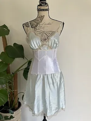 Vintage Blue Lace Trim Silky Satin Bias Mini Slip Dress Fairy Goth Lingerie 16 • $80