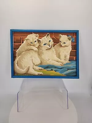 Vintage Paint By Number White Cats Framed Mother And Kittens Blues Greens 17x13 • $22.95