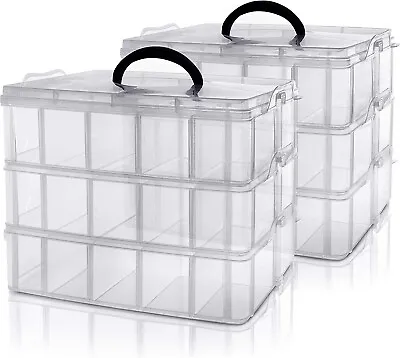 2 X Stackable 3 Tier Plastic Craft Storage Box With 30 Adjustable Compartments • £19.95