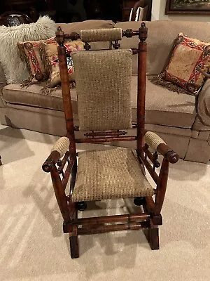 Rustic Antique 19th Century Indian Hand-Carved Turned Rocking Chair Upholstered • $928