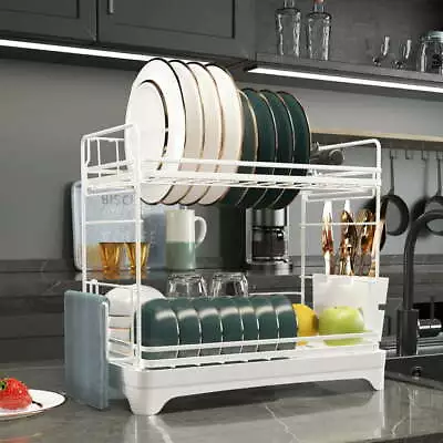 2-Tier Dish Drying Rack With Water Tray Utensil Holder And Cutting Board Holder • $27.60