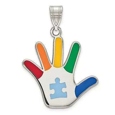 Multi Color Autism Hand Print Pendant With Puzzle Piece In 925 Sterling Silver • £56.04