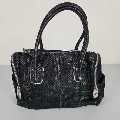 B Makowsky Shoulder Bag Womens Black Metallic Leather Satchel Snakeskin Purse • $49.92