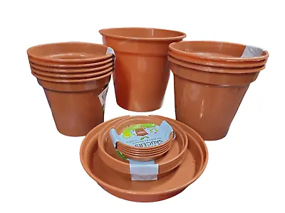 £8.99 • Buy Plastic Plant Pots And Tray Saucers Terracotta Garden Flowers Growing Planting