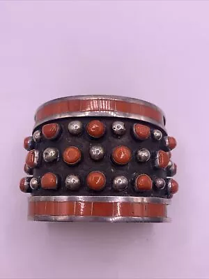 Jobeth Mayes Vintage Zuni Sterling Silver Red Coral Wide Cuff Bracelet • $1200