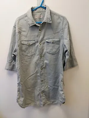 All Saints Mens Hamako Shirt Light Grey Half Sleeve Pearl Snap Button Size M • £14.99