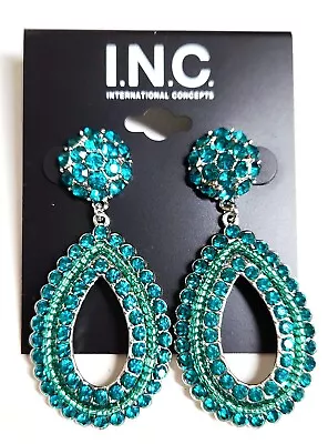 INC International Concepts Pave Crystal Drop Earrings Teal Silvertone Plated NWT • $26