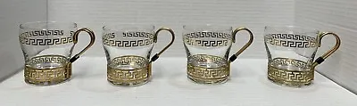 4 Vintage MCM Libbey Greek Key Coffee Cups Glass Gold Design With Metal Handle • $17.50