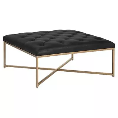 Maklaine 39.5  Square Transitional Leather Ottoman In Vintage Black Night • $1578.24