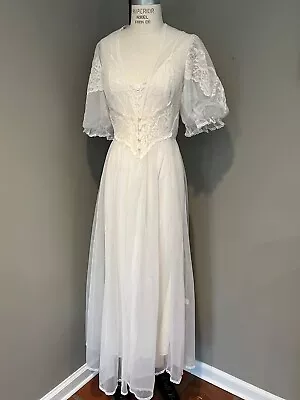 Vintage VAL MODE Peignoir Nightgown Robe Set Off White Lace Nylon  Bridal MEDIUM • $99