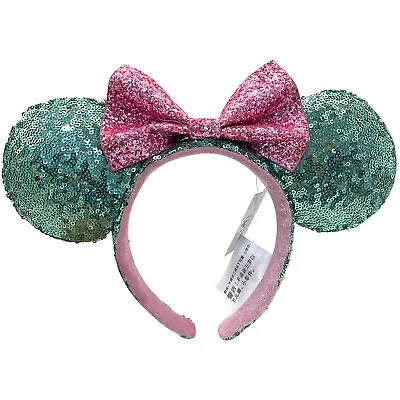 Disney Parks Pink Sugar Rush Bow Green Sequin Minnie Mouse Ears Glitter Headband • $15.85