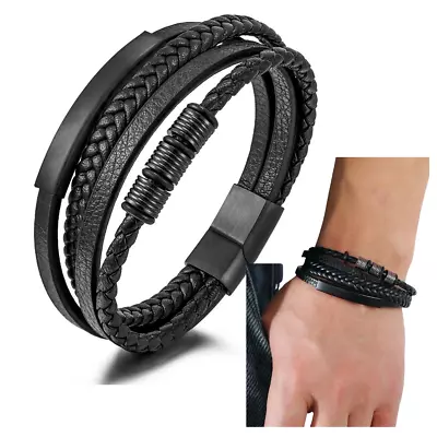 £5.99 • Buy Mens Black Leather Bracelet Wristband Stainless Steel Clasp Jewellery Gift New