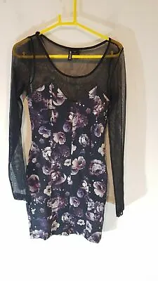 H&M Conscious Collection Black Mesh Long Sleeve Floral Print Short Dress UK 6 • £12.49