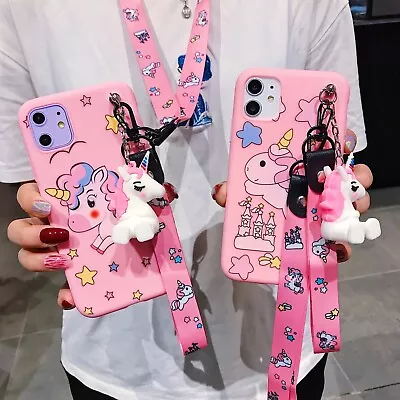 For IPhone Samsung Unicorn + Strap Stand Cute Cartoon Girl Hot Phone Case Cover • £7.19