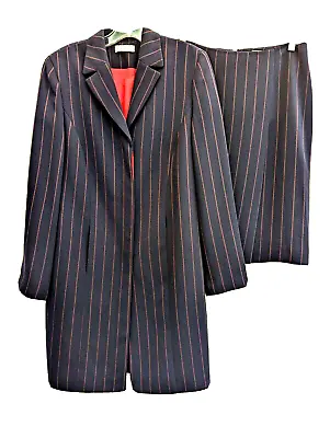 AMANDA SMITH 2 Piece Skirt Suit Long Line Jacket Size 8 Navy Blue Pinstripe Red • $10.05