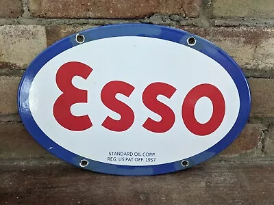 Vintage Dated 1957 Esso Fuel Oil Porcelain Enamel Gas Pump Sign 12  X 8  • $135.99