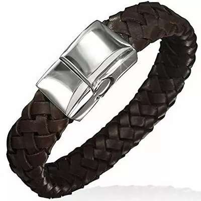 Brown Leather Braided Silver-Tone Stainless Steel Wristband Mens Bracelet • $19.99