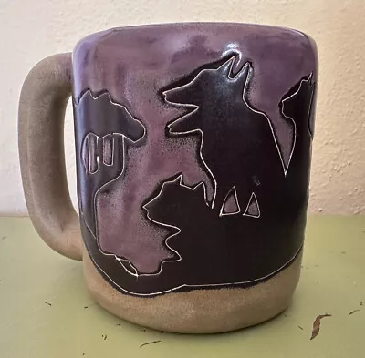 Mara Mexico Oversize Pottery Mug Wolves Wolf Trees Purple Tan Handmade Large • $29.99