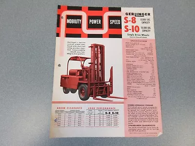 Old 1956 Gerlinger S-8 & S-10 Forklift Sales Sheet 8000-10000 Pound Truck • $40