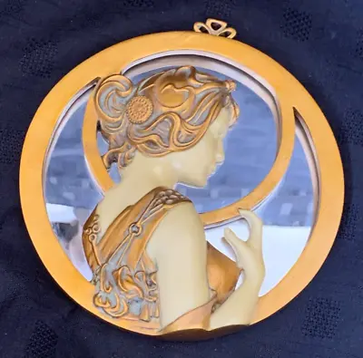 Mucha Style Art Nouveau Gold And Ivorine Goddess Circular Mirror 18cm Dia • £45