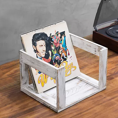 Vintage Whitewashed Wood Vinyl Record Holder Rack LP Album Storage Crate Box • $39.99