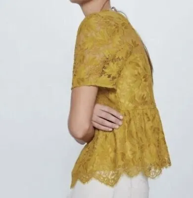 Zara Mustard Yellow Lace Peplum Top Size M • $18.99