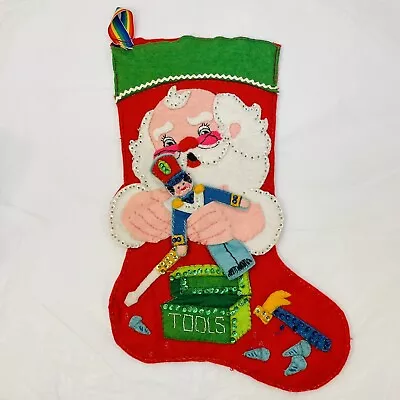 VTG 60s Handmade Red Felt Sequins Stocking Santa With Tools Making Toy Soldier • $17