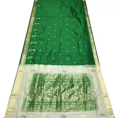 Vintage Green 100%Pure Silk Saree Zari Handwoven Elephant Design Rich Pallu Sari • $34.20