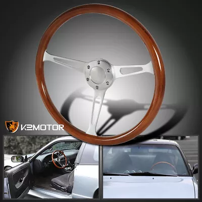 Fits 380mm 15  Polished Real Wood Steering Wheel+Horn Button Ford Honda GMC • $71.38