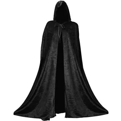 Black Hooded Cape Velour Vampire Halloween Fancy Dress Costume Grim Reaper Death • £11.99