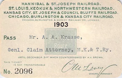 Hannibal Kc Keokuk Council Bluffs  Mkt Agt  1903 Railroad Rr Railway Ry Pass • $20