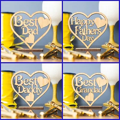 Happy Fathers Day Gift Best Dad Daddy Wooden Heart Plaque Freestanding Oak Love • £2.99
