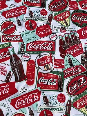 Coca-Cola Cotton Fabric Approx 1.5 Yard 44” X 55” Red Soda Coke Logo Signs • $29.95