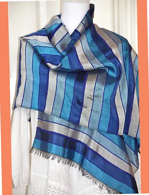 Moroccan Cactus Silk Blue Silver Turquoise Color Striped Wrap Stole From Morocco • $59.99