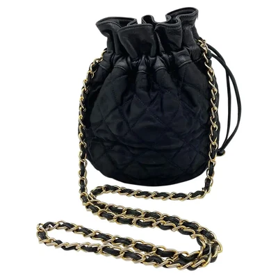 $960 • Buy Vintage Chanel Black Satin & Leather Drawstring Bucket Bag
