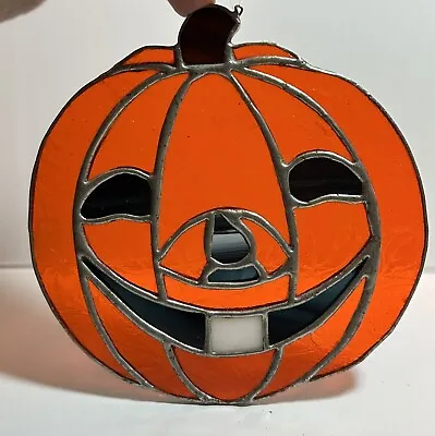 Vintage 70s Pumpkin Jack O’Lantern Stained Glass Sun Catcher Halloween Lead • $24.99