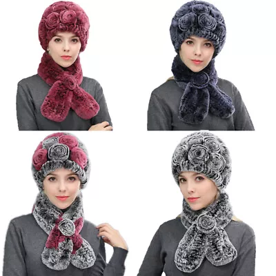 Winter Warm Fur Hat Scarf Sets Women Real Rex Rabbit Fur Beanies Cap Blue Grey • $27.19