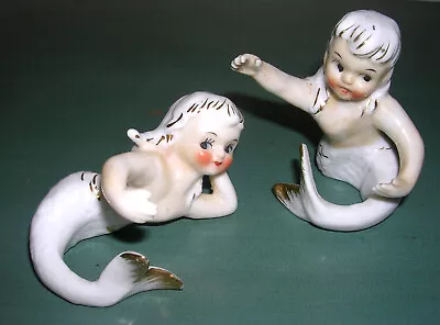 Vintage Lefton 1950’s Pair Mermaid Fish Girls Candle Hugger Ceramic Figurines • $99