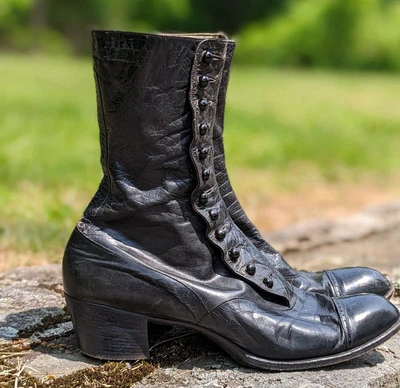 $85 • Buy Victorian 19th C Women’s Black Leather High Heel Shoes W Button Sides