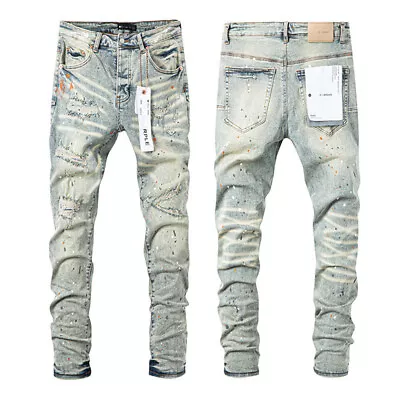 New Purple Brand Jeans Skinny Fit Ripped Men Leather Patched Hip Hop Brand Pants • $61.27