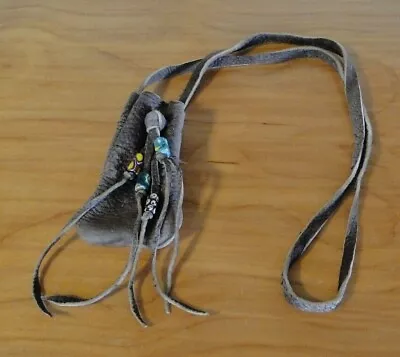 Medicine Bag Suede Leather Pouch Necklace Grey With Beads • $16.99