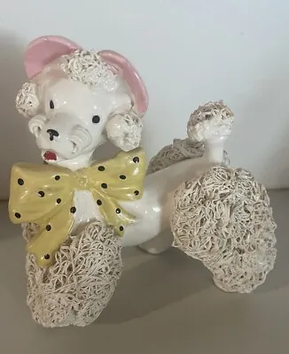 Vintage Spaghetti White Poodle With Pink Hat Yellow & Black Polka Dot Bow • $15