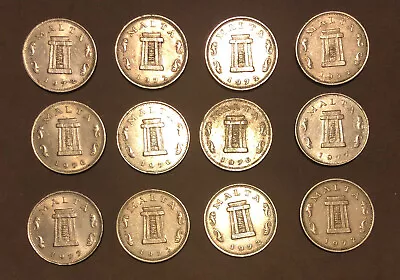 Malta 1972 19761977 Lot Of 12 Collectible-5 Cents Copper Nickel Coins-km#10 • $16.95