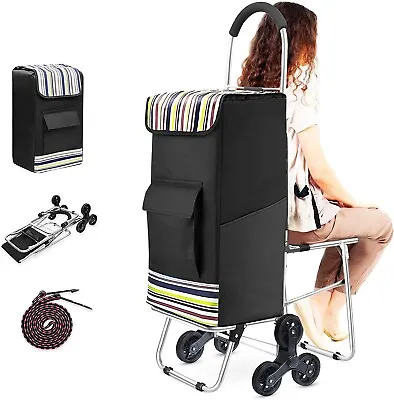 Folding Shopping Cart+Chair|Heavy Duty Stair Climber Waterproof Bag Trolley • $38.99