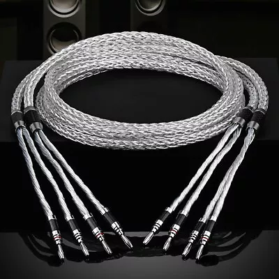 8 Awg HiFi Speaker Wire Cable Silver Plate 8N OCC Carbon Fiber Banana Spade Cord • $179.99