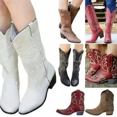 Women Mid Wide Pointed Toe Cowgirl Cowboy Boots Ladies Calf Western Shoes Size • £31.19