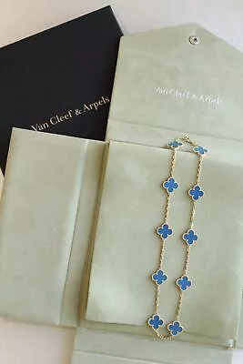 Van Cleef Arpels VCA Alhambra Blue Agate Clover Necklace 18k Gold 16.5  Box • $8999.99